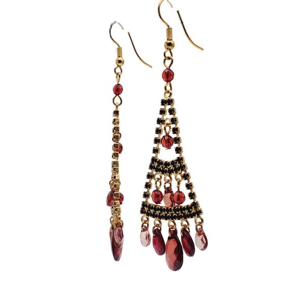 Red Chandelier Earrings Gold Tone Dangle Boho Festival Pink Teardrop Drops 3"L - Picture 3 of 8